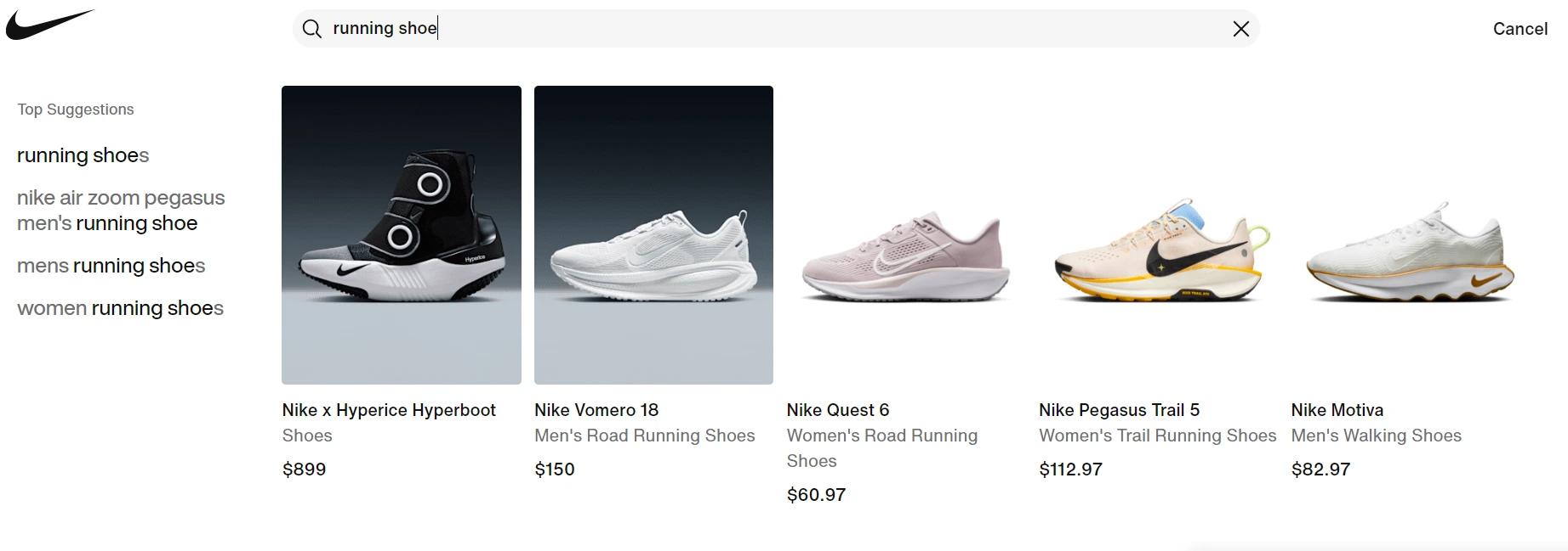 Nike exemplifies effective autocomplete ecommerce search